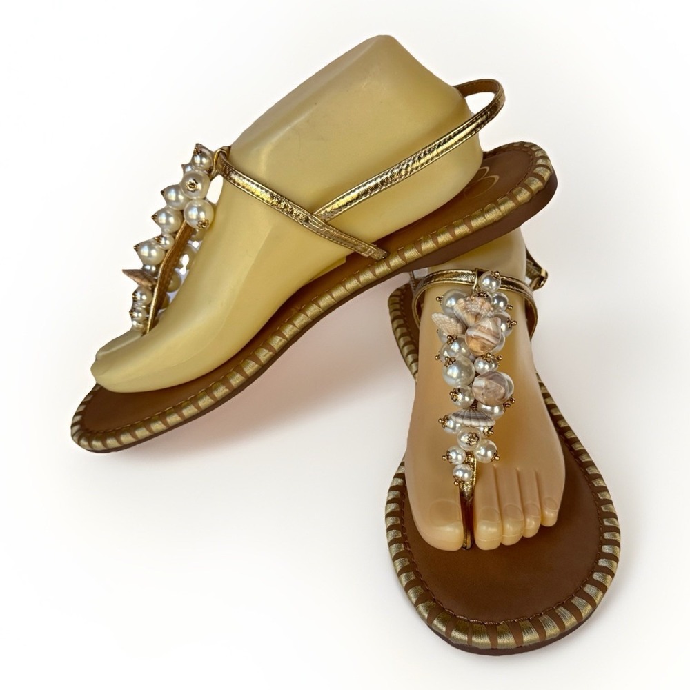 JESSICA SIMPSON Sandals Womens 10M Gold Bryelea T-Strap Pearl Flats Coastal NEW